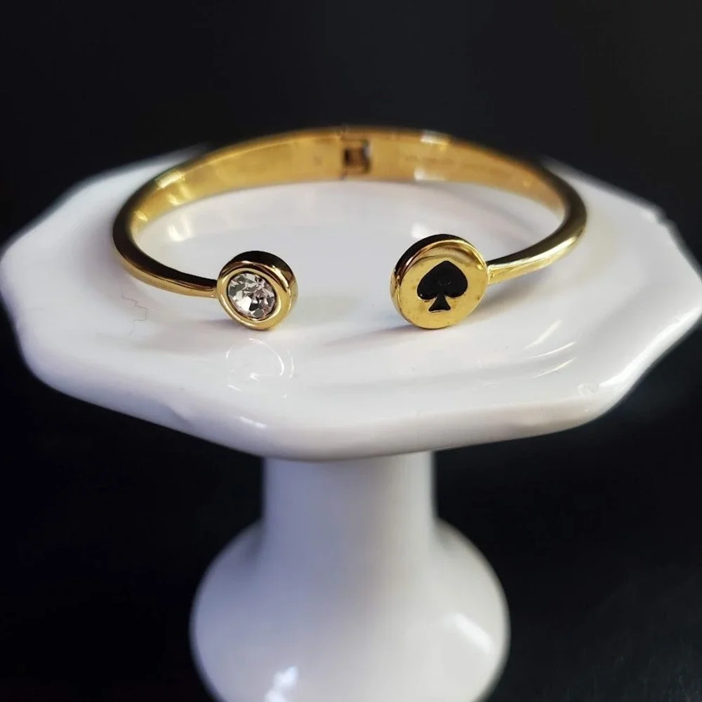 Kate Spade Spot the Spade Open‎ Cuff Gold Plated Black Enamel Clear Crystal - Picture 8 of 8